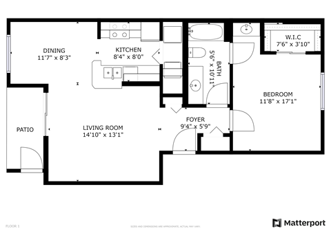 Floor plan for 1 bed, 1 bath, 758 sqft